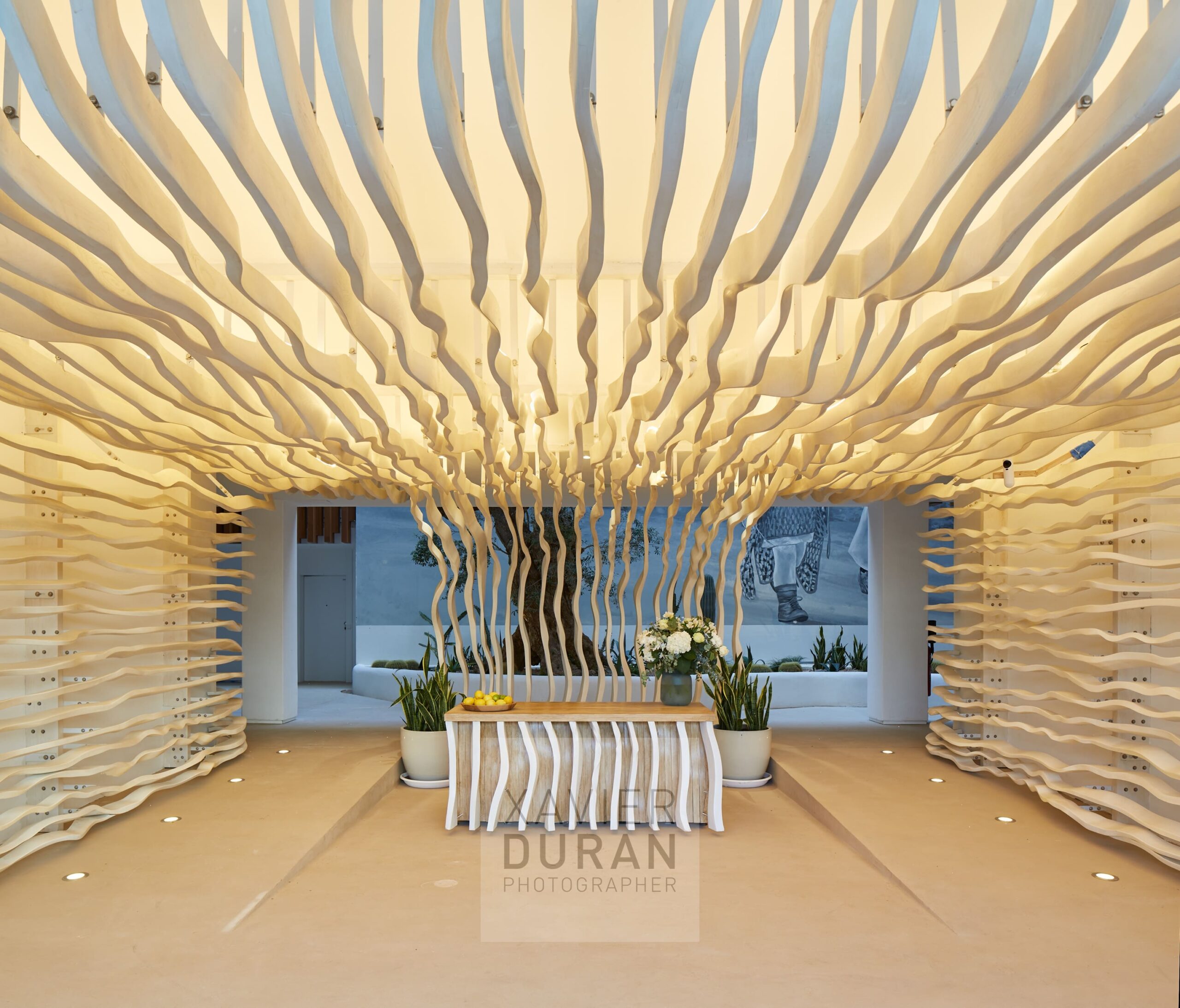 Foto de la estructura de madera de la entrada del edificio hippiements ibiza. Y la mesa de recepcion tambien fabricada con madera d efresno por studioSEED