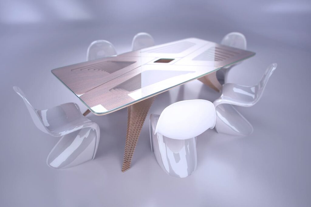 Mesa de cristal llamada Nested Table de la compañia SDA fabricada con fabricación CNC de alta precisión