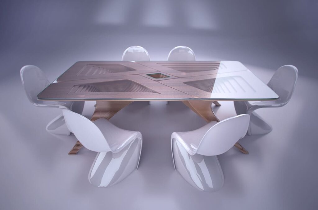 Mesa de cristal llamada Nested Table de la compañia SDA fabricada con fabricación CNC de alta precision