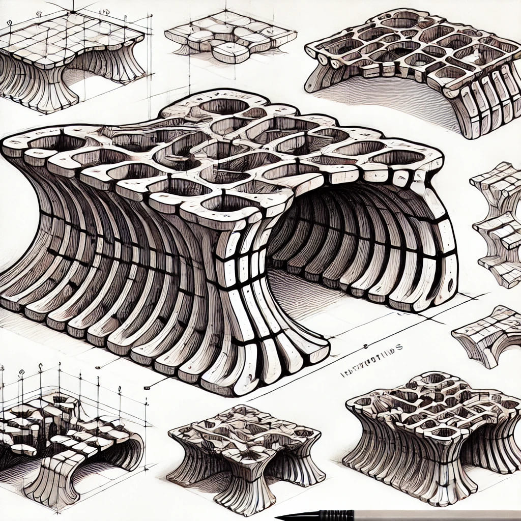  boceto inspirado en el diseño de la Nested Table, mostrando una estructura paramétrica con paneles de madera interconectados