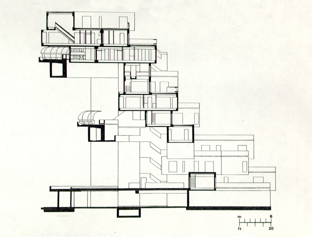 Planos arquitectónicos de Habitat 67, creados por Moshe Safdie, mostrando la distribución de los módulos habitacionales prefabricados