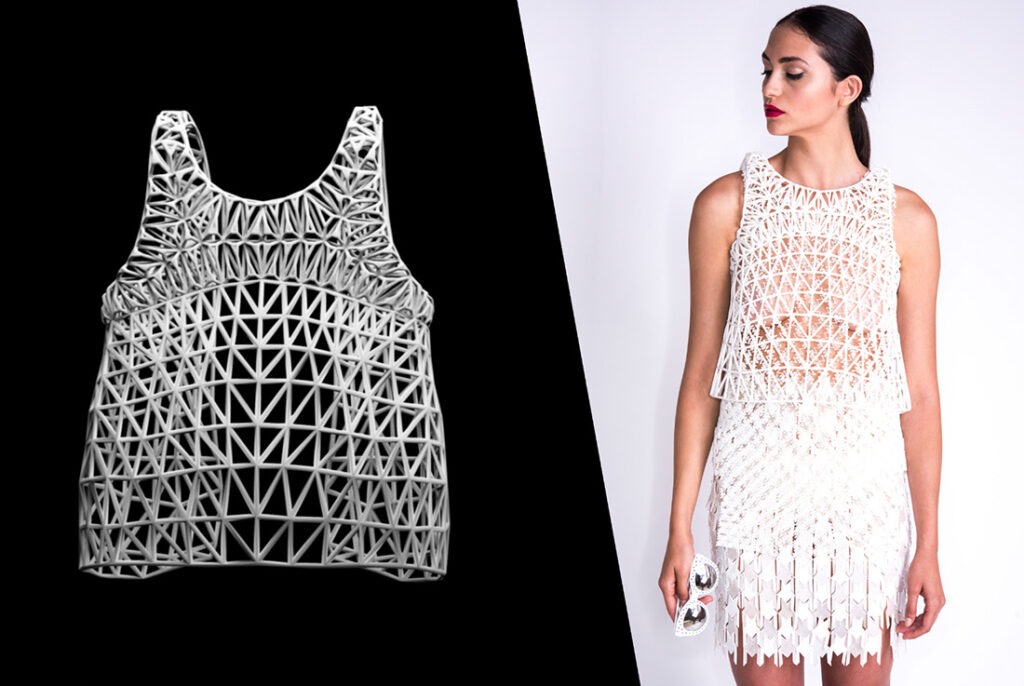 Top blanco impreso en 3D diseñado por Danit Peleg, con estructura geométrica flexible y tecnología innovadora en moda impresa en 3D